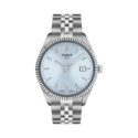 Tissot, Ballade Ice Blue with a 40mm stainless steel case and bracelet strap featuring a date function and an ice blue guilloché dial.