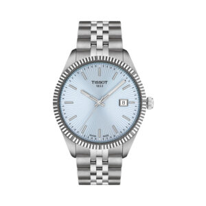 Tissot, Ballade Ice Blue with a 40mm stainless steel case and bracelet strap featuring a date function and an ice blue guilloché dial.