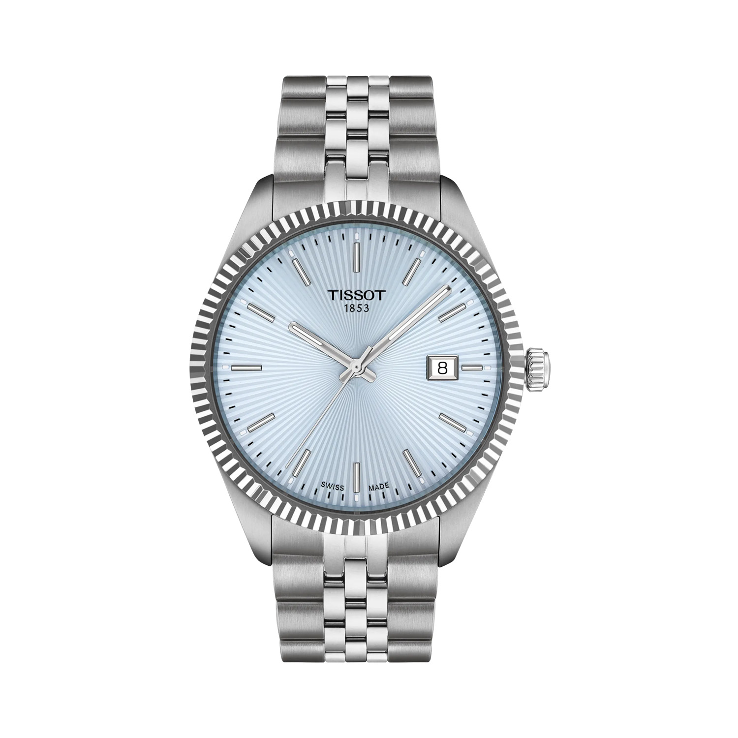 Tissot, Ballade Ice Blue with a 40mm stainless steel case and bracelet strap featuring a date function and an ice blue guilloché dial.