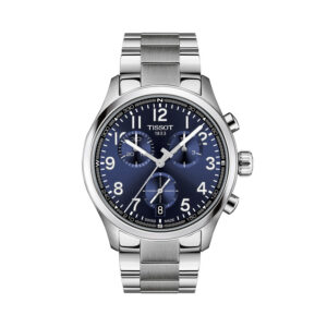 Tissot, Chrono L with a 42mm stainless steel case and a bracelet strap featuring a chronograph, a date function and a blue Arabic numeral dial.