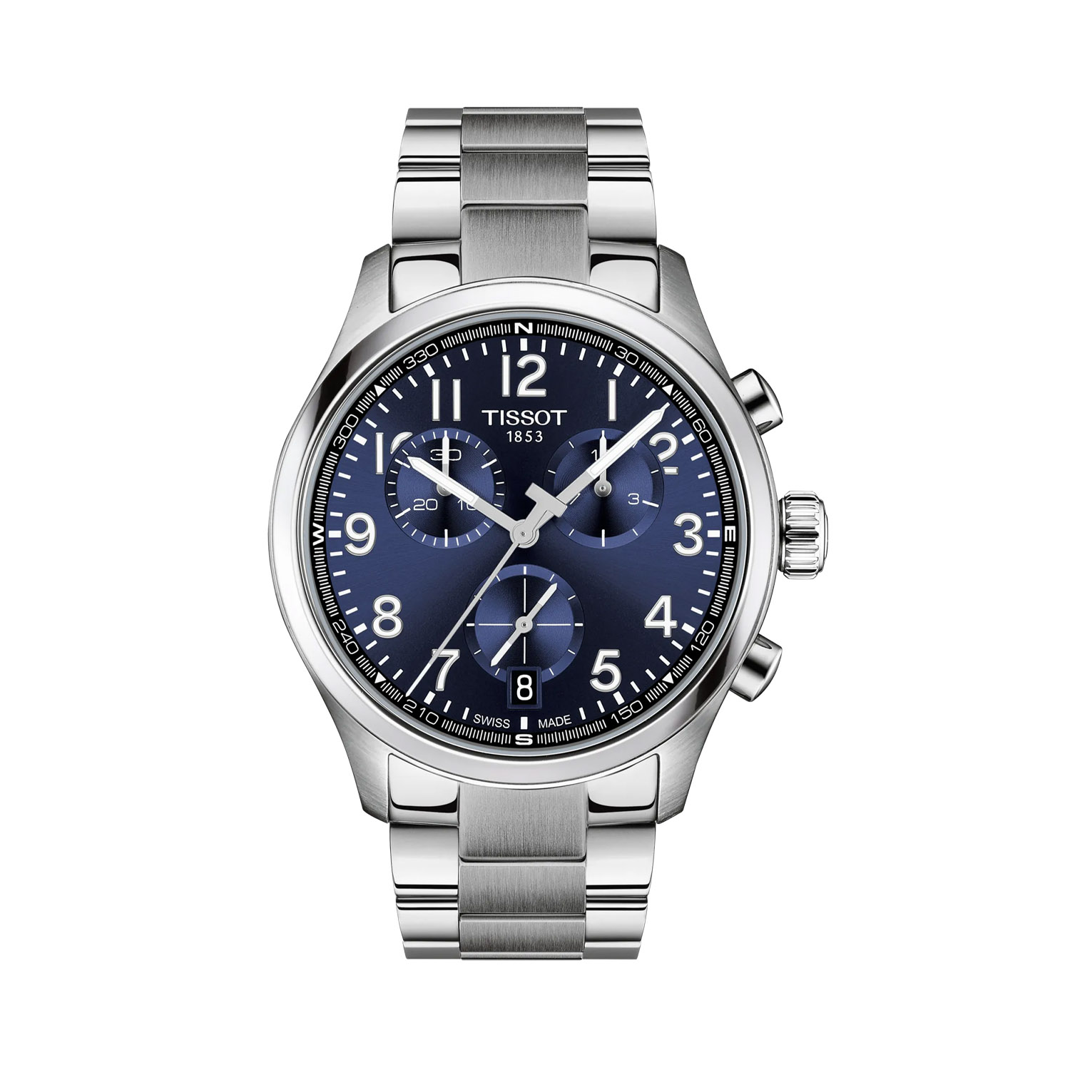 Tissot, Chrono L with a 42mm stainless steel case and a bracelet strap featuring a chronograph, a date function and a blue Arabic numeral dial.