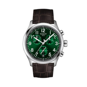 Tissot, Chrono L with a 42mm stainless steel case and an aligator grained brown leather strap featuring a chronograph and date function on a green dial.