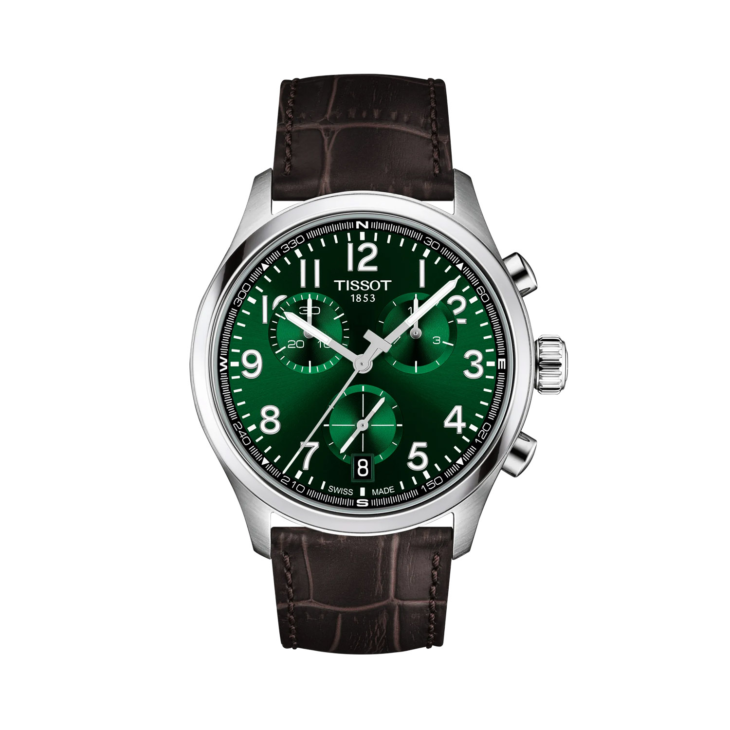 Tissot, Chrono L Green, Quartz Men's Watch Tissot, Chrono L with a 42mm stainless steel case and an aligator grained brown leather strap featuring a chronograph and date function on a green dial.