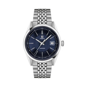 Tissot, Visodate with a 39mm stainless steel case and bracelet strap featuring a date function and a blue dial.