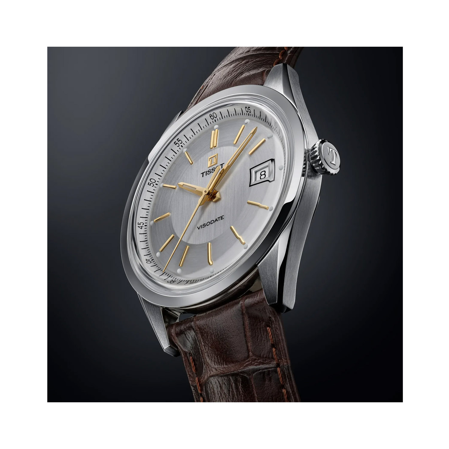 Tissot, Visodate with a 39mm stainless steel case and a brown alligator grained strap featuring a date function and a silver dial.