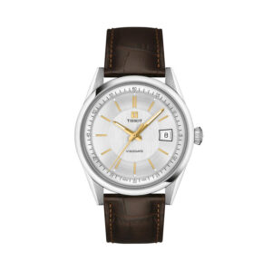 Tissot, Visodate with a 39mm stainless steel case and a brown alligator grained strap featuring a date function and a silver dial.