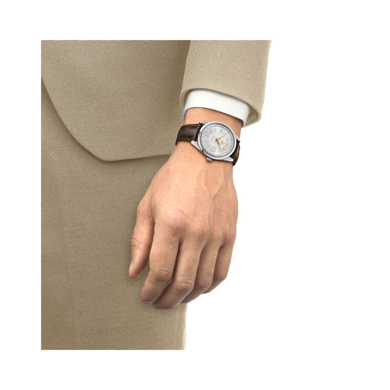 Tissot, Visodate with a 39mm stainless steel case and a brown alligator grained strap featuring a date function and a silver dial.