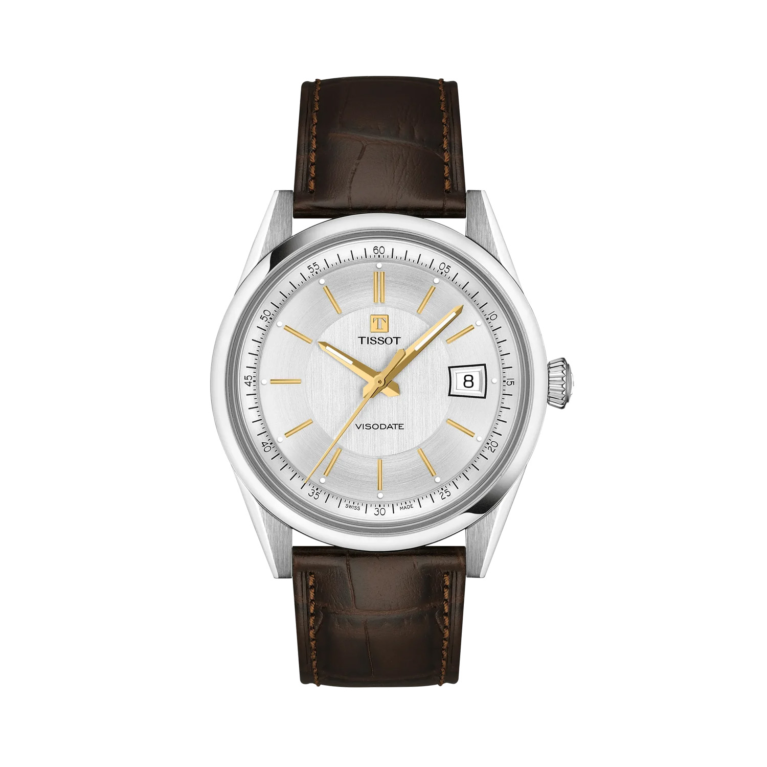 Tissot, Visodate with a 39mm stainless steel case and a brown alligator grained strap featuring a date function and a silver dial.