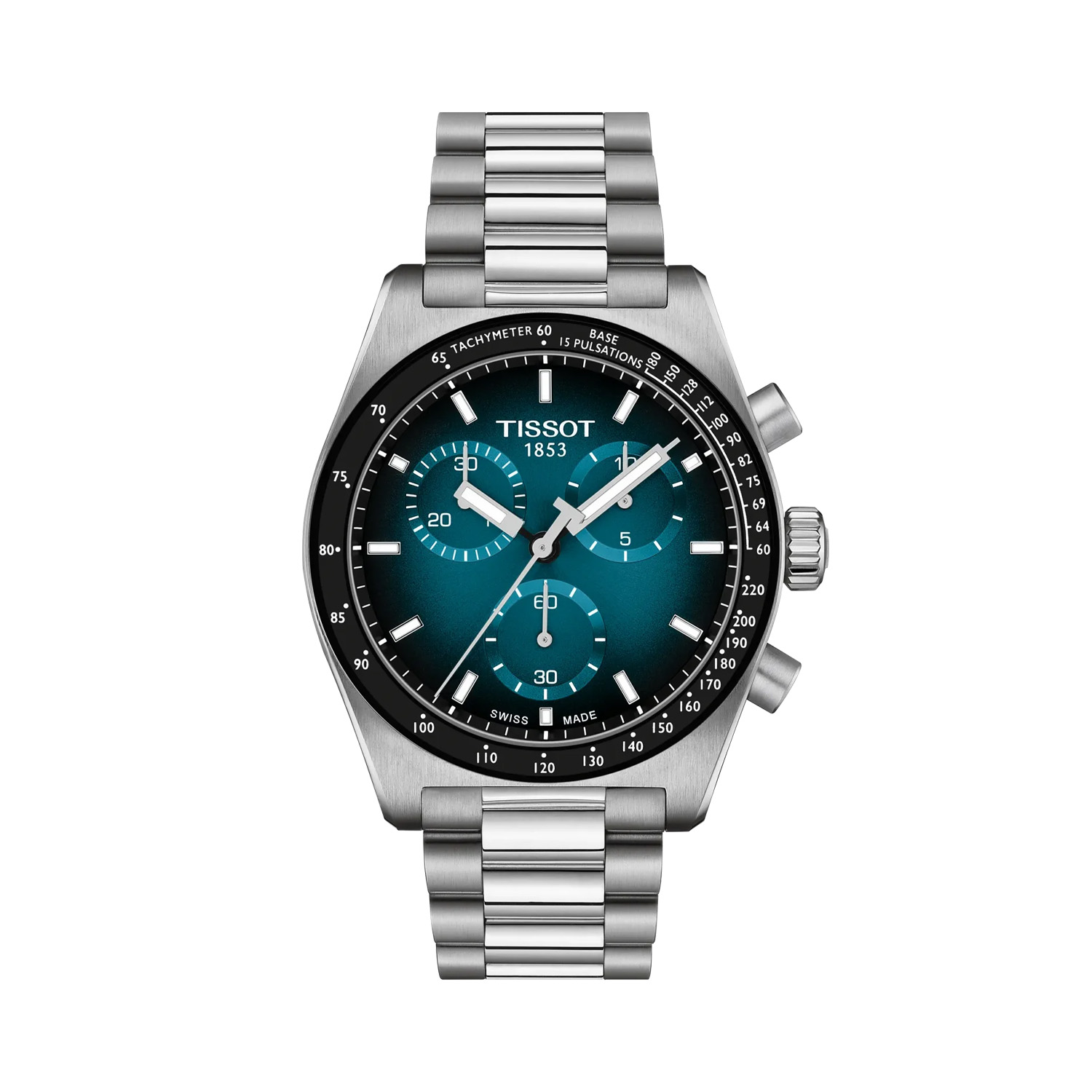 Tissot, PR516 with a 40mm stainless steel case and bracelet strap featuring a chronograph with a graduated blue coloured dial and a black bezel.