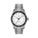 Tissot, PR516 with a 38mm stainless steel case and bracelet strap featuring a date function and a white dial with a black bezel.