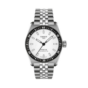 Tissot, PR516 with a 38mm stainless steel case and bracelet strap featuring a date function and a white dial with a black bezel.