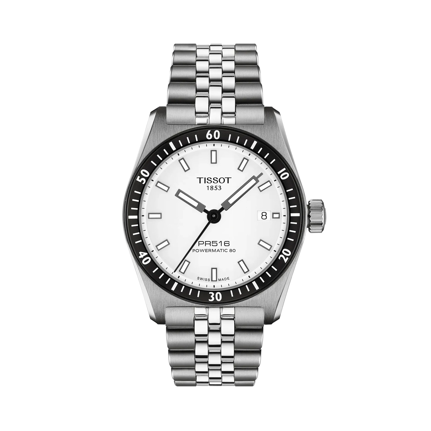 Tissot, PR516 with a 38mm stainless steel case and bracelet strap featuring a date function and a white dial with a black bezel.