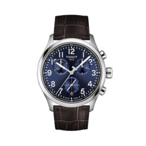 Tissot, Chrono L with a 42mm stainless steel case and a brown leather strap featuring a date function, chronograph and a blue dial.
