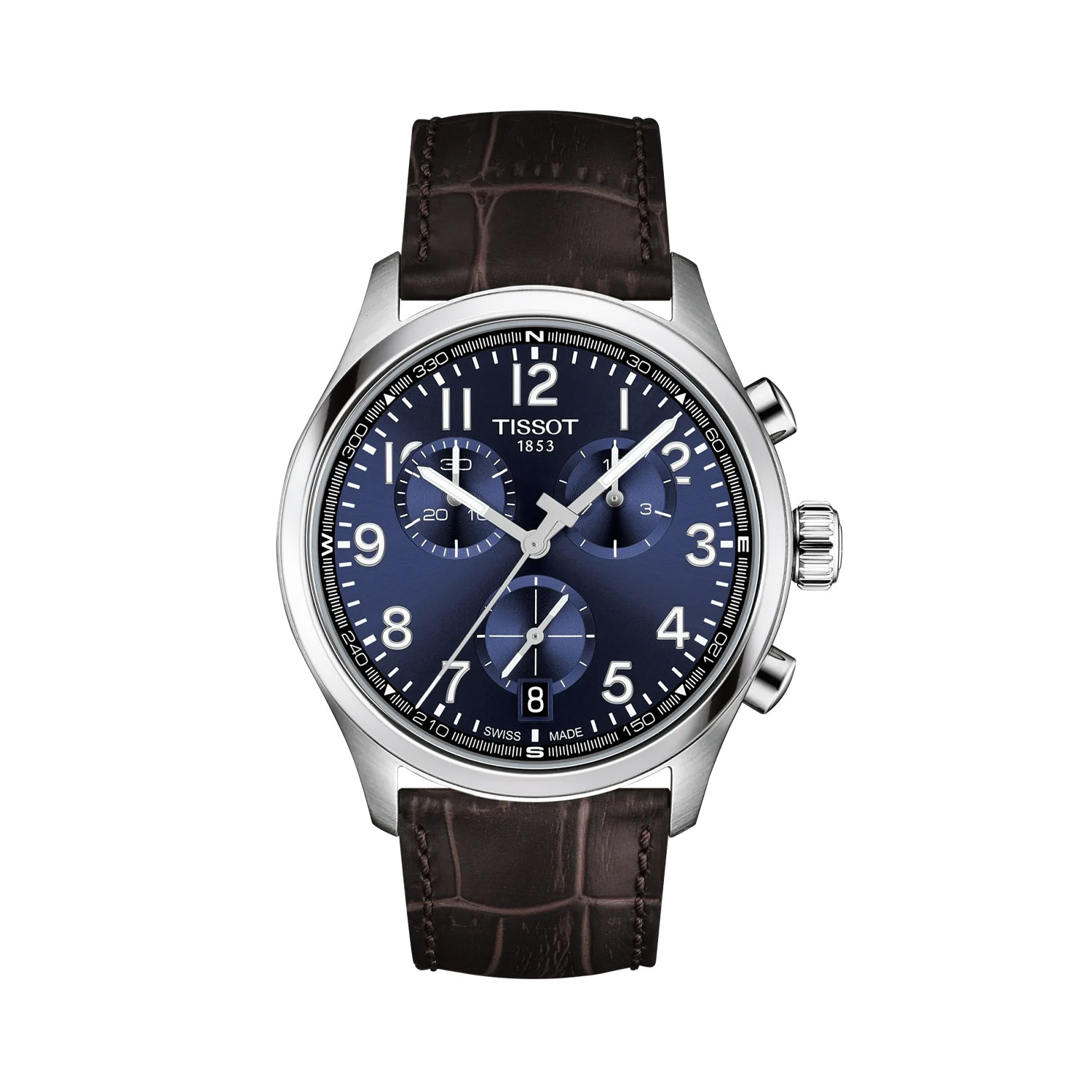Tissot, Chrono L with a 42mm stainless steel case and a brown leather strap featuring a date function, chronograph and a blue dial.