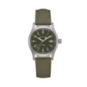 Hamilton, Khaki Field with a 38mm stainless steel case and khaki coloured canvas strap featuring a date function and a black dial.