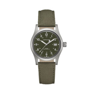 Hamilton, Khaki Field with a 38mm stainless steel case and khaki coloured canvas strap featuring a date function and a black dial.