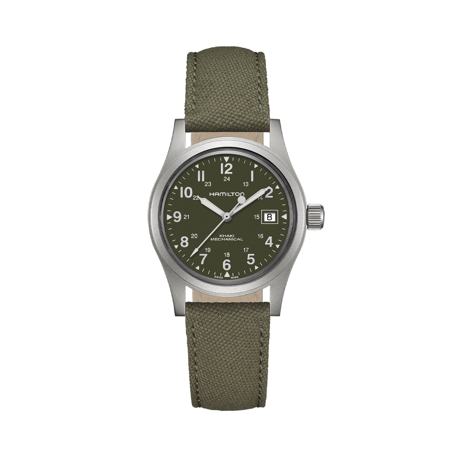 Hamilton, Khaki Field with a 38mm stainless steel case and khaki coloured canvas strap featuring a date function and a black dial.