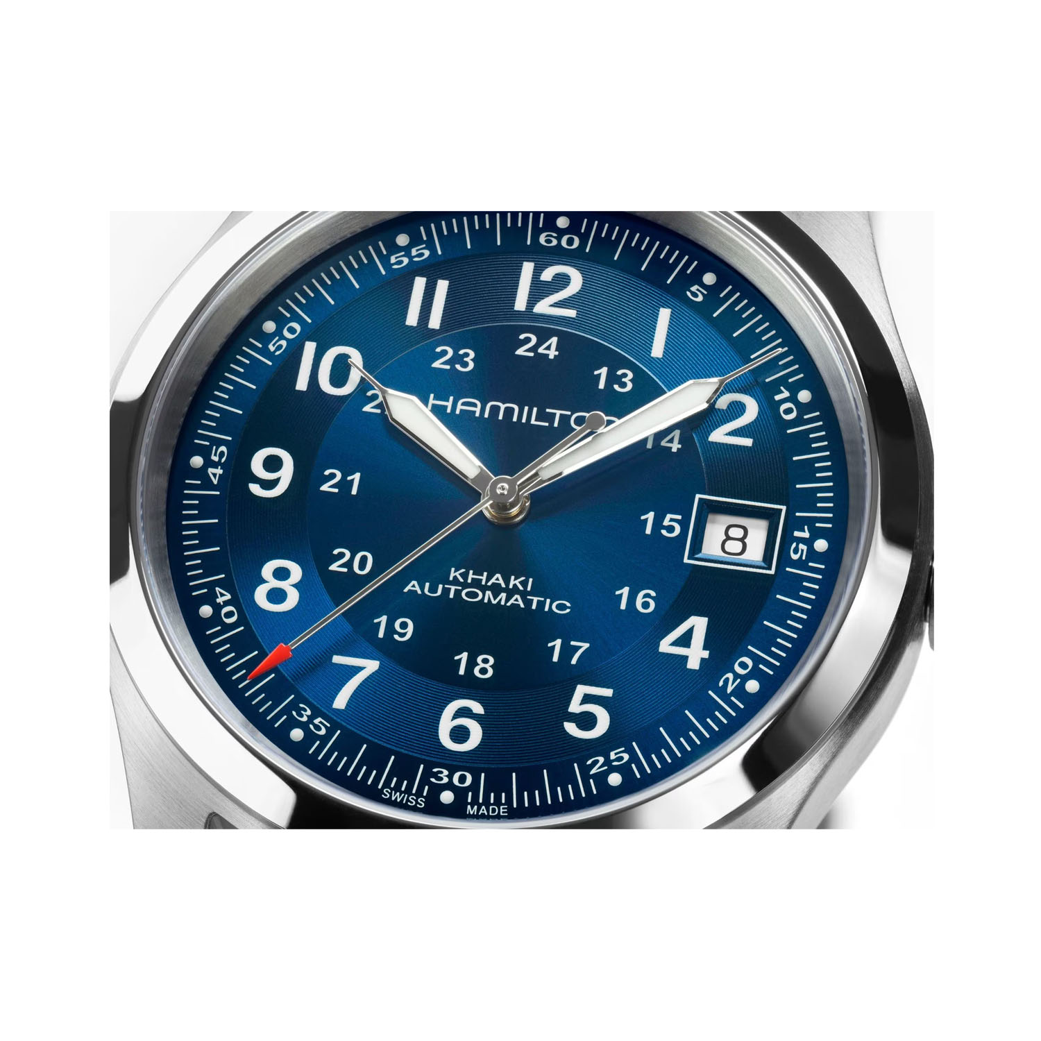 Hamilton, Khaki Field Blue, Automatic Men's Watch Hamilton, Khaki Field with a 38mm stainless steel case and bracelet strap featuring a date function and a blue dial.