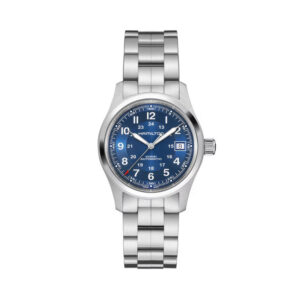 Hamilton, Khaki Field with a 38mm stainless steel case and bracelet strap featuring a date function and a blue dial.
