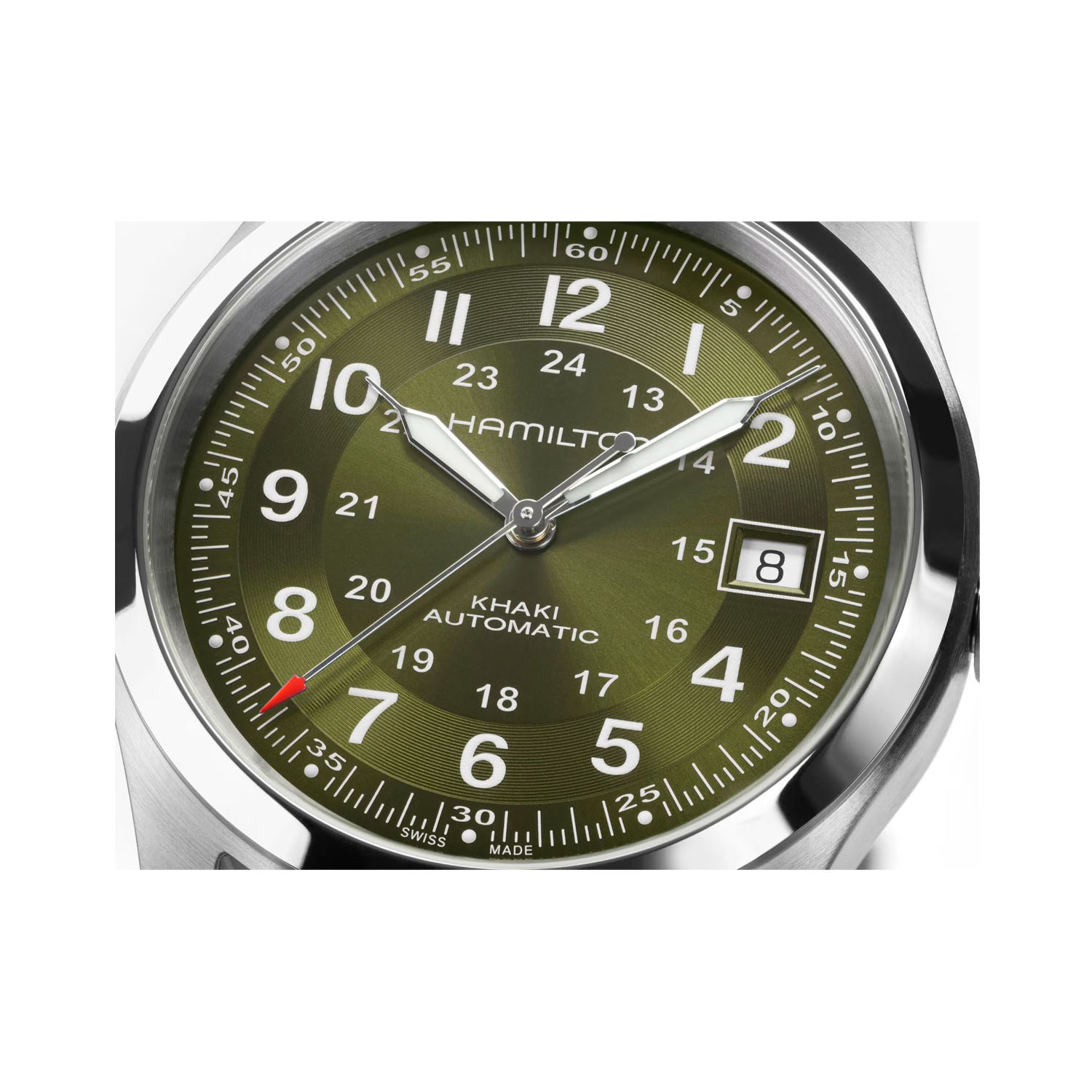 Hamilton, Khaki Field Green, Automatic Men's 38mm Watch Hamilton, Khaki Field with a 38mm stainless steel case and bracelet strap featuring a date function and a green dial.