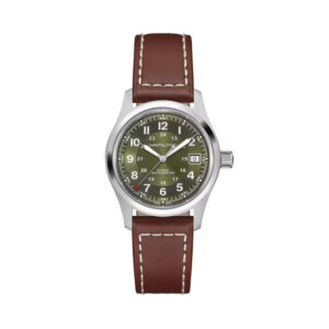 Hamilton, Khaki Field with a 38mm stainless steel case and bracelet strap featuring a date function and a green dial.