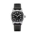 Hamilton, Khaki Field Black, Automatic Men's 42mm Watch Hamilton, Khaki Field with a 42mm stainless steel case and a black leather strap featuring a date function and a black dial.