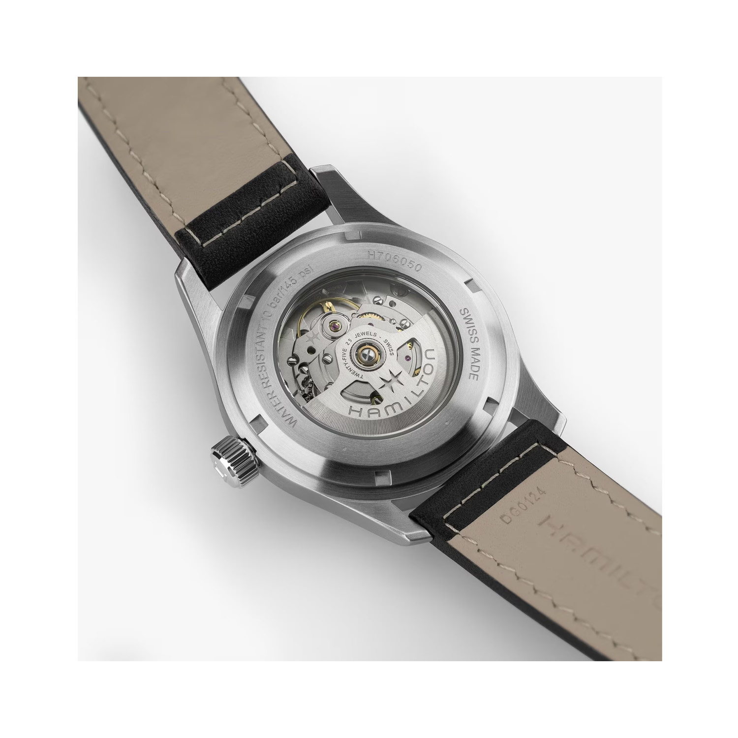 Hamilton, Khaki Field Black, Automatic Men's 42mm Watch Hamilton, Khaki Field with a 42mm stainless steel case and a black leather strap featuring a date function and a black dial.