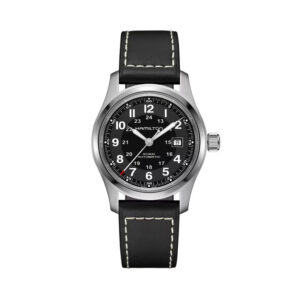 Hamilton, Khaki Field with a 42mm stainless steel case and a black leather strap featuring a date function and a black dial.