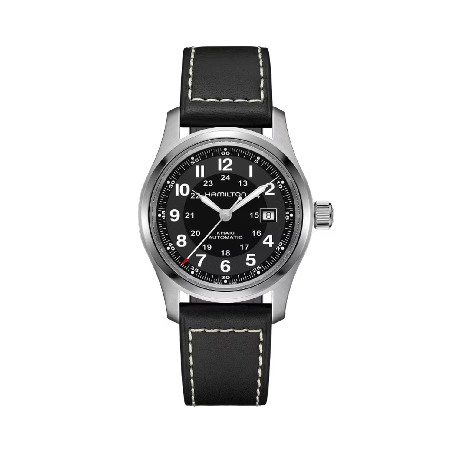 Hamilton, Khaki Field Black, Automatic Men's 42mm Watch Hamilton, Khaki Field with a 42mm stainless steel case and a black leather strap featuring a date function and a black dial.