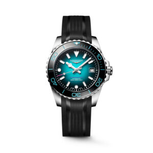 Longines, HydroConquest 2026 Commonwealth Games Limited Edition with a 39mm stainless steel case and a black rubber strap featuring a date function on a graduated teal coloured dial.