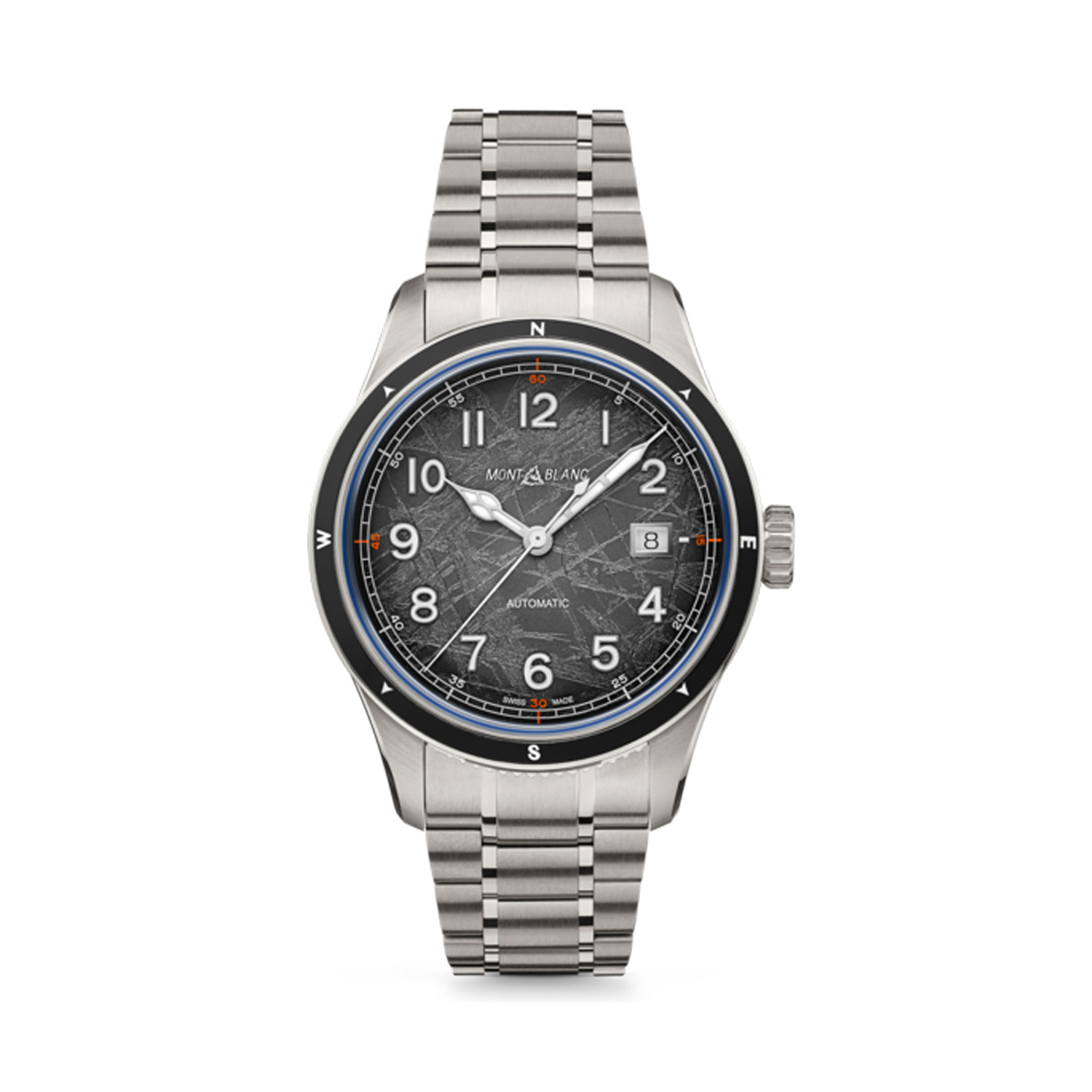 Montblanc, 1858 0 Oxygen The 8000, Automatic Men's Watch Montblanc, 1858 0 Oxygen The 8000 with a 41mm stainless steel case and bracelet strap featuring a date function and a black bezel with a Sfumato dark gray glacier pattern dial.