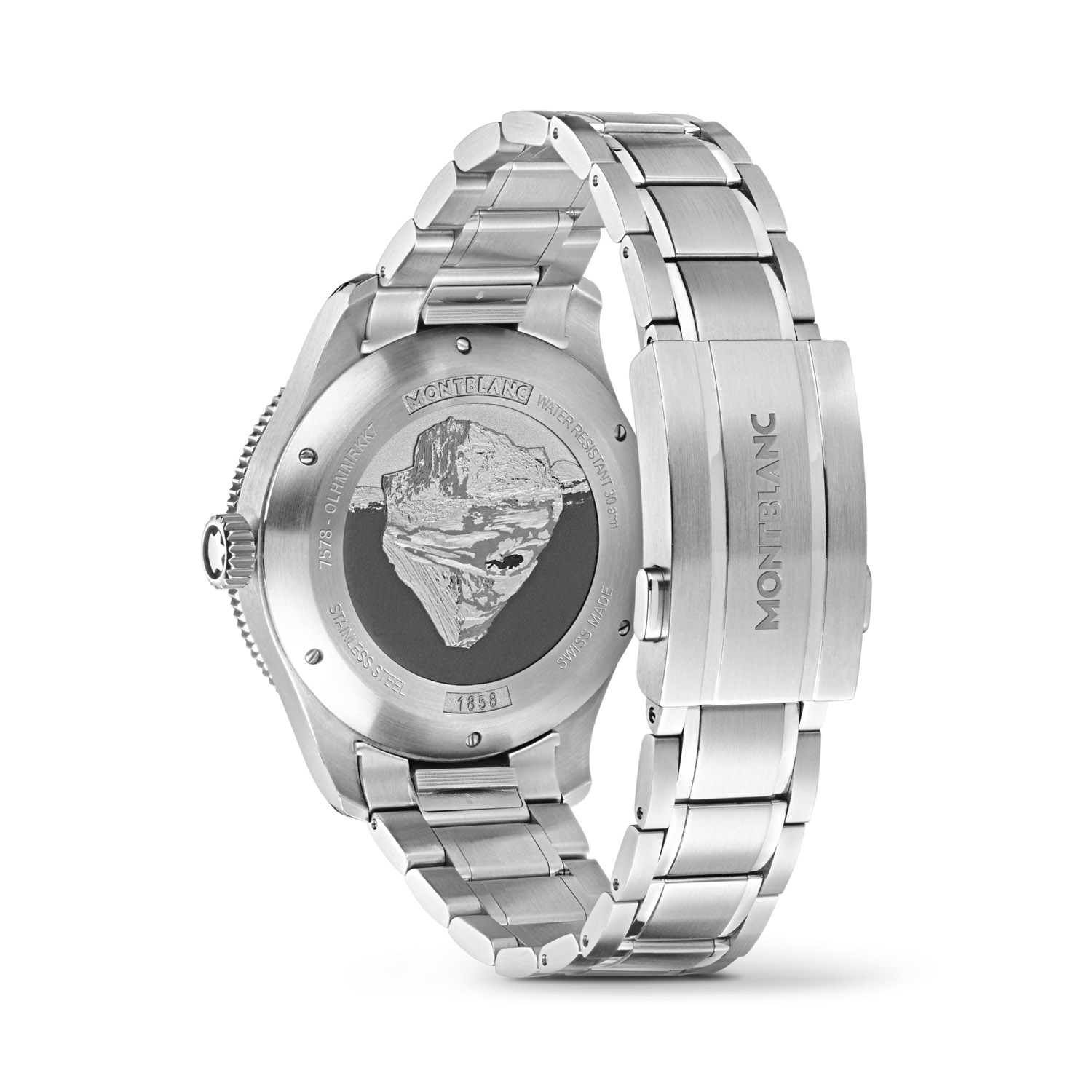 Montblanc, 1858 Iced Sea Steel Strap, Automatic Men's Watch Montblanc, 1858 Iced Sea with a 41mm stainless steel case and bracelet strap featuring a date function with a grey patterned dial and a black ceramic bezel.