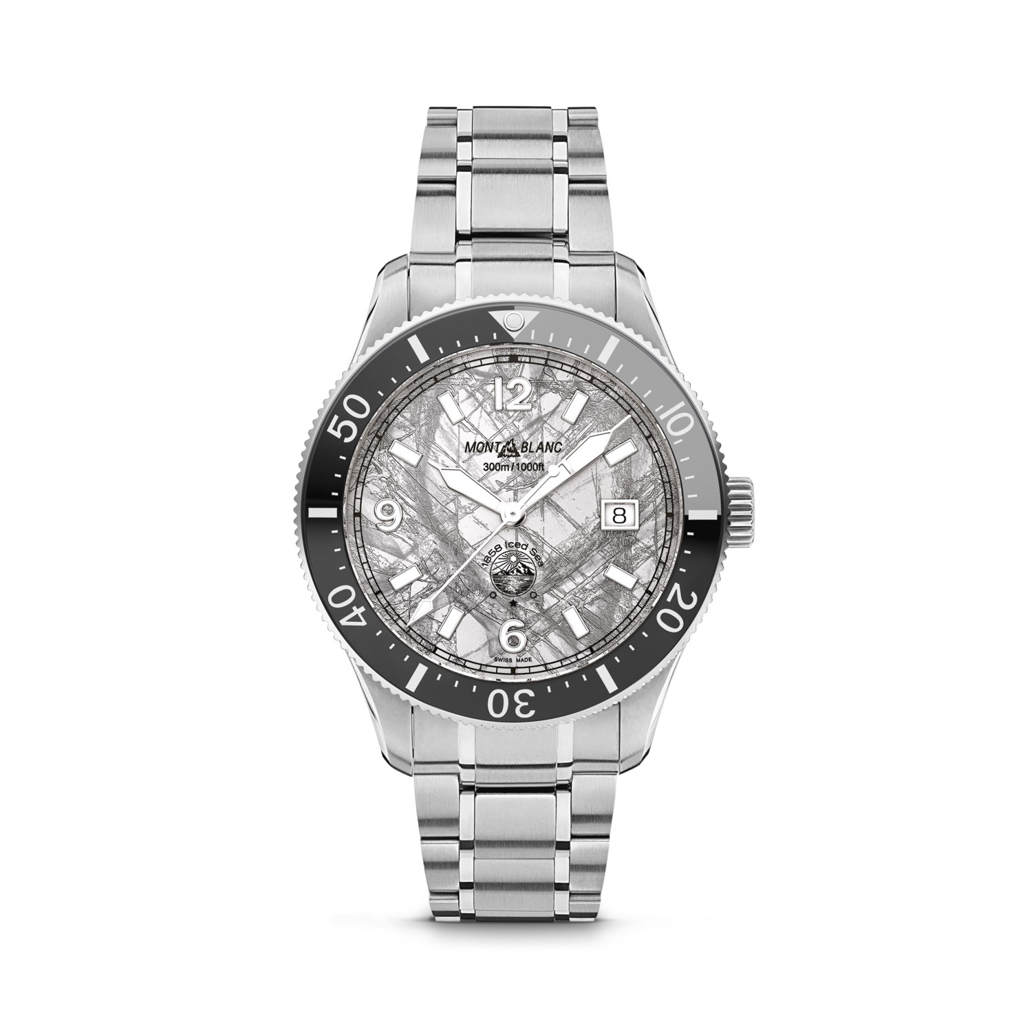 Montblanc, 1858 Iced Sea Steel Strap, Automatic Men's Watch Montblanc, 1858 Iced Sea with a 41mm stainless steel case and bracelet strap featuring a date function with a grey patterned dial and a black ceramic bezel.