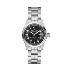 Hamilton, Khaki Field with a 38mm stainless steel case and bracelet strap featuring a date function and a black dial.