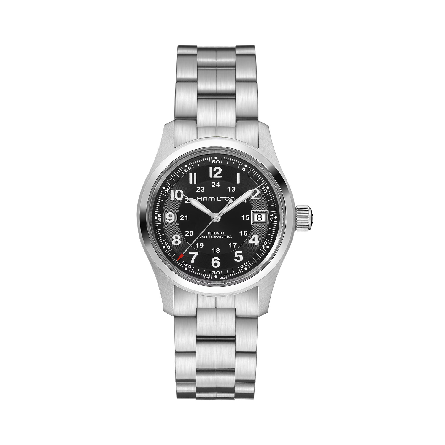 Hamilton, Khaki Field Black, Automatic Men's Watch Hamilton, Khaki Field with a 38mm stainless steel case and bracelet strap featuring a date function and a black dial.