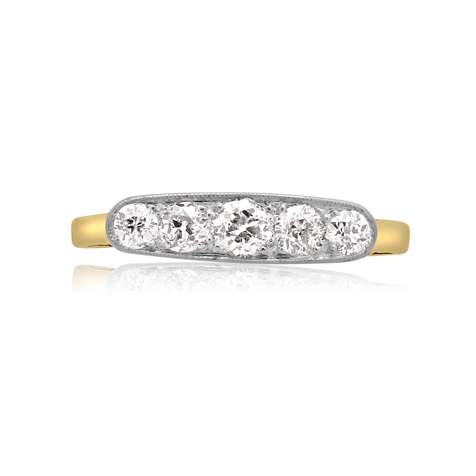 18ct Yellow Gold & Platinum Old Brilliant Cut Five Stone Diamond Ring An early 20th century 18ct yellow gold and platinum five stone diamond ring.