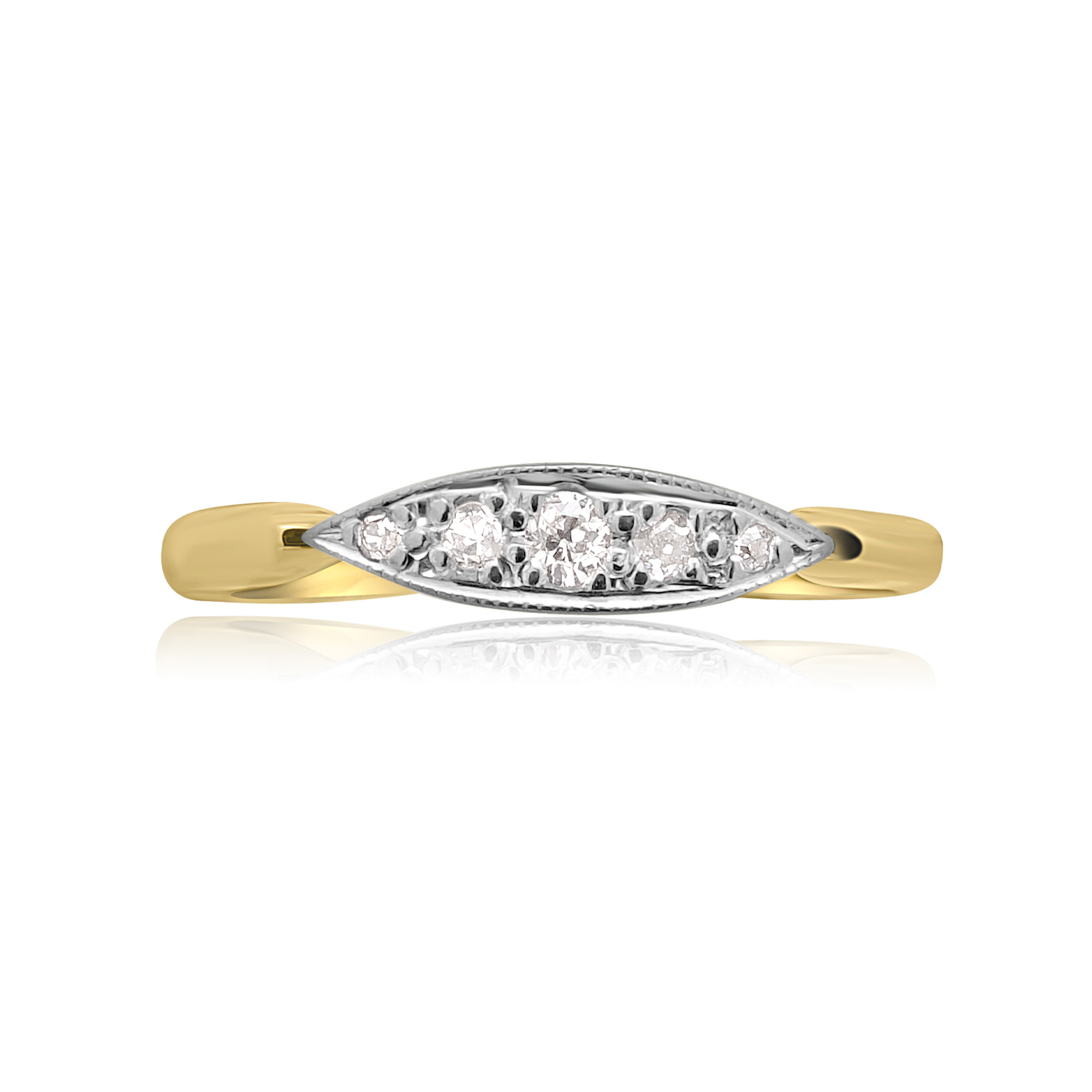 An early 20th century five stone diamond ring with brilliant cut and eight cut diamonds mounted in a platinum topped boat shaped millegrain setting.