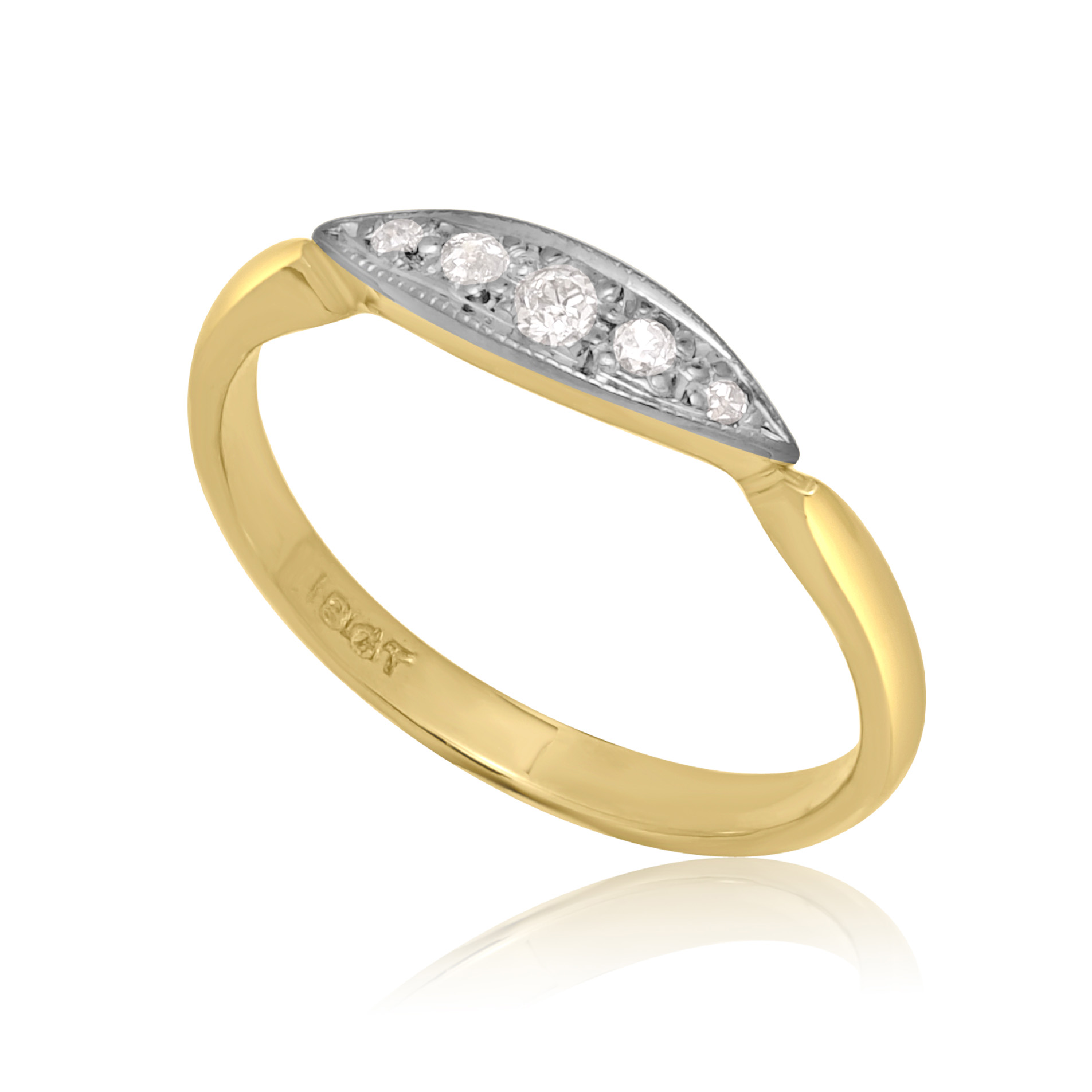 An early 20th century five stone diamond ring with brilliant cut and eight cut diamonds mounted in a platinum topped boat shaped millegrain setting.