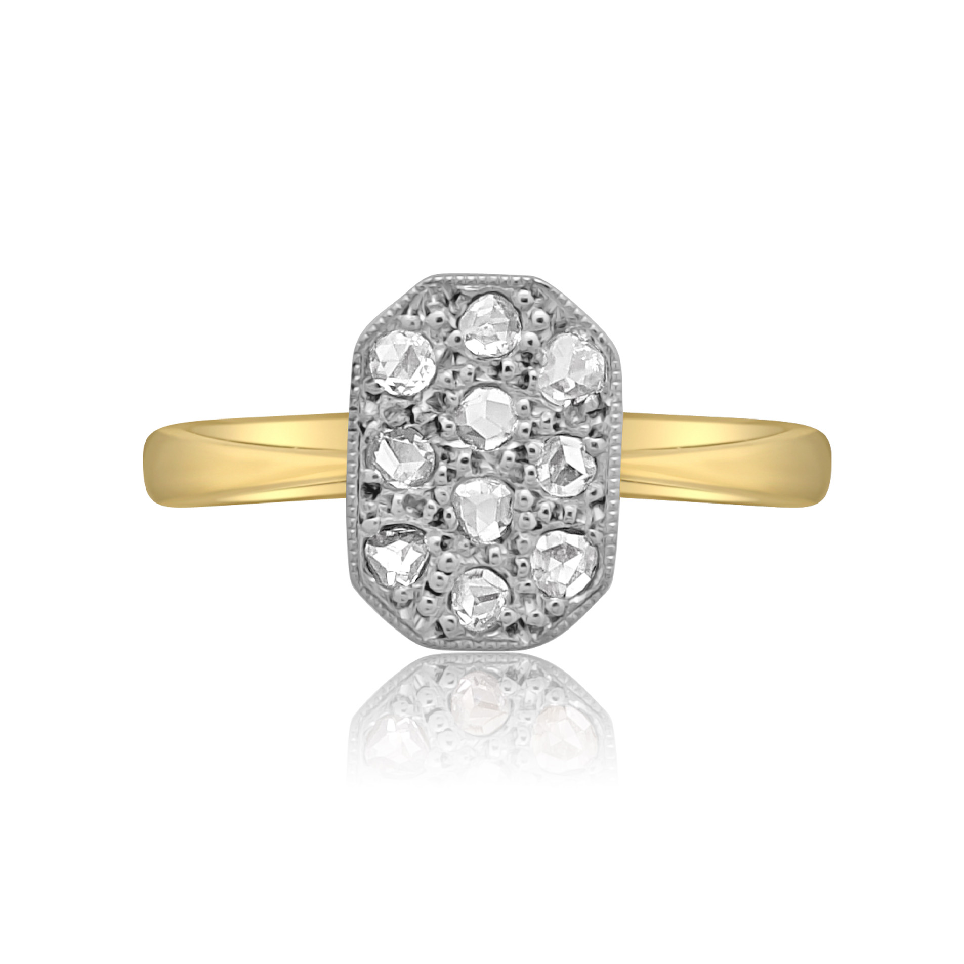 Art Deco 18ct Yellow Gold & Platinum Octagonal Diamond Cluster Ring An Art Deco period, 18ct yellow gold and platinum octagonal shaped diamond cluster ring featuring ten rose cut diamonds in a platinum topped grain setting.