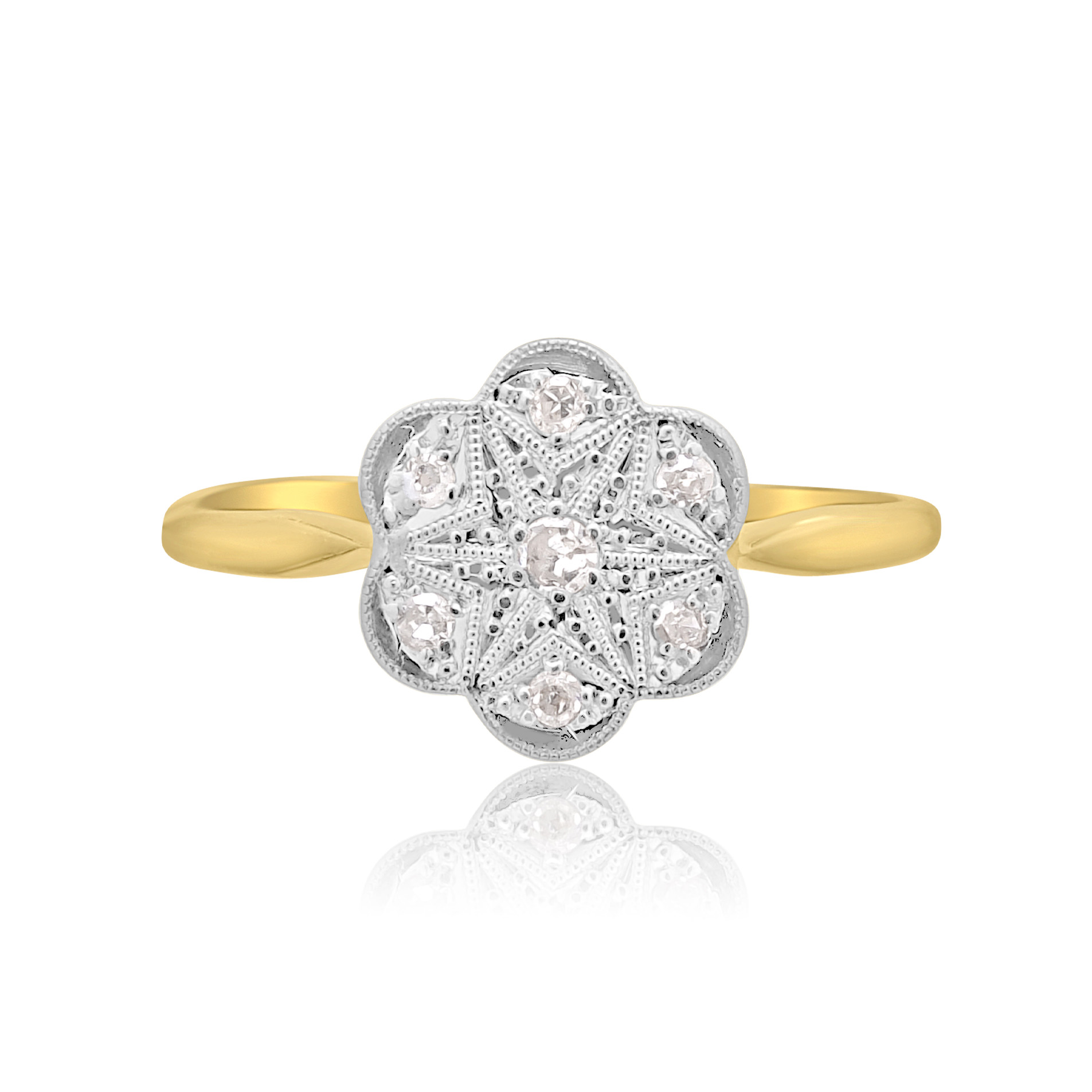 Early 20th Century, 18ct Yellow Gold & Platinum Diamond Cluster Ring An early 20th century period 18ct yellow gold and platinum topped diamond flower cluster ring featuring a central brilliant cut diamond and outer eight cut diamonds.