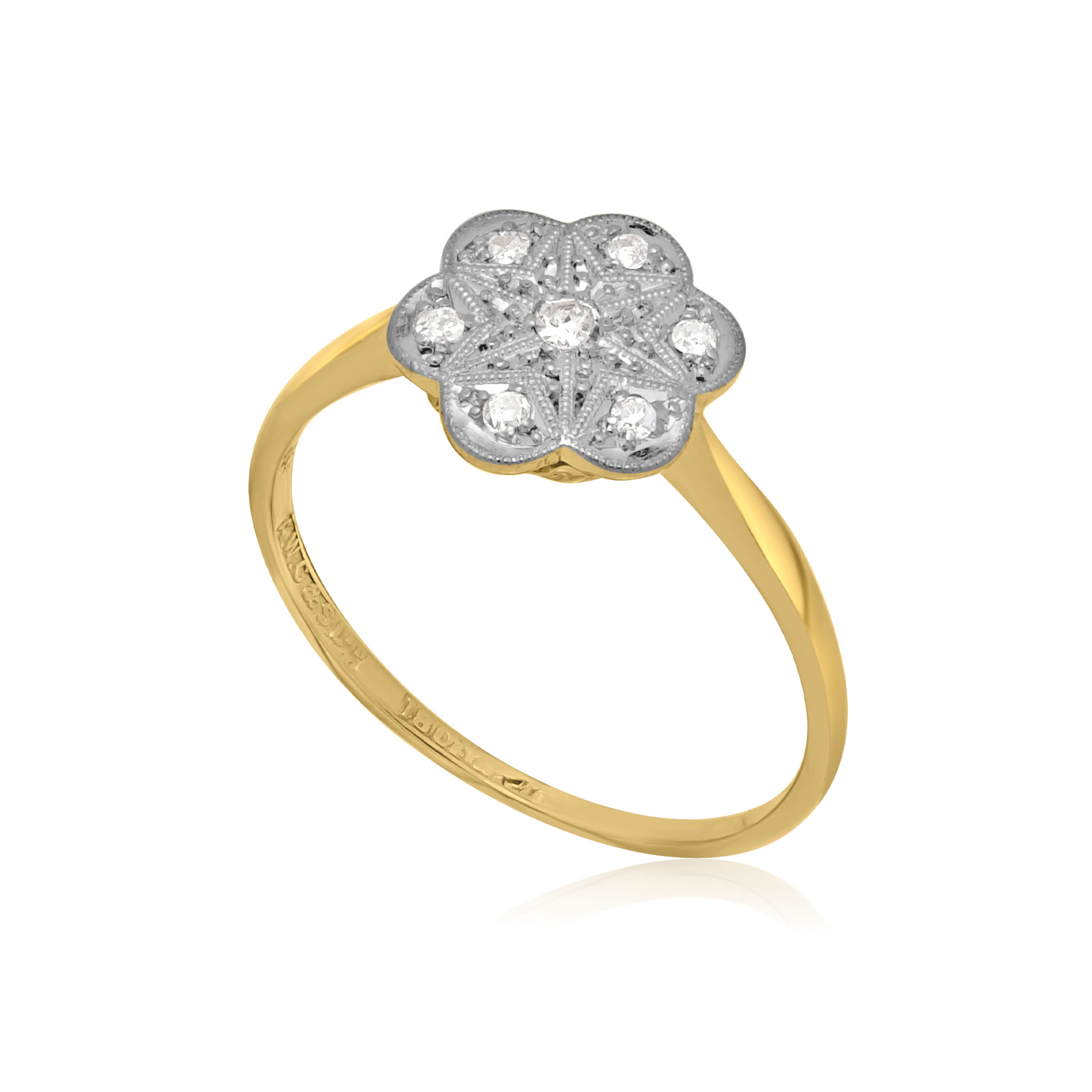 Early 20th Century, 18ct Yellow Gold & Platinum Diamond Cluster Ring An early 20th century period 18ct yellow gold and platinum topped diamond flower cluster ring featuring a central brilliant cut diamond and outer eight cut diamonds.