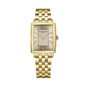 Raymond Weil, Toccata with a 22.6 x 28.1mm rectangular stainless steel gold PVD coated case and bracelet strap featuring a date function and a champagne coloured dial.