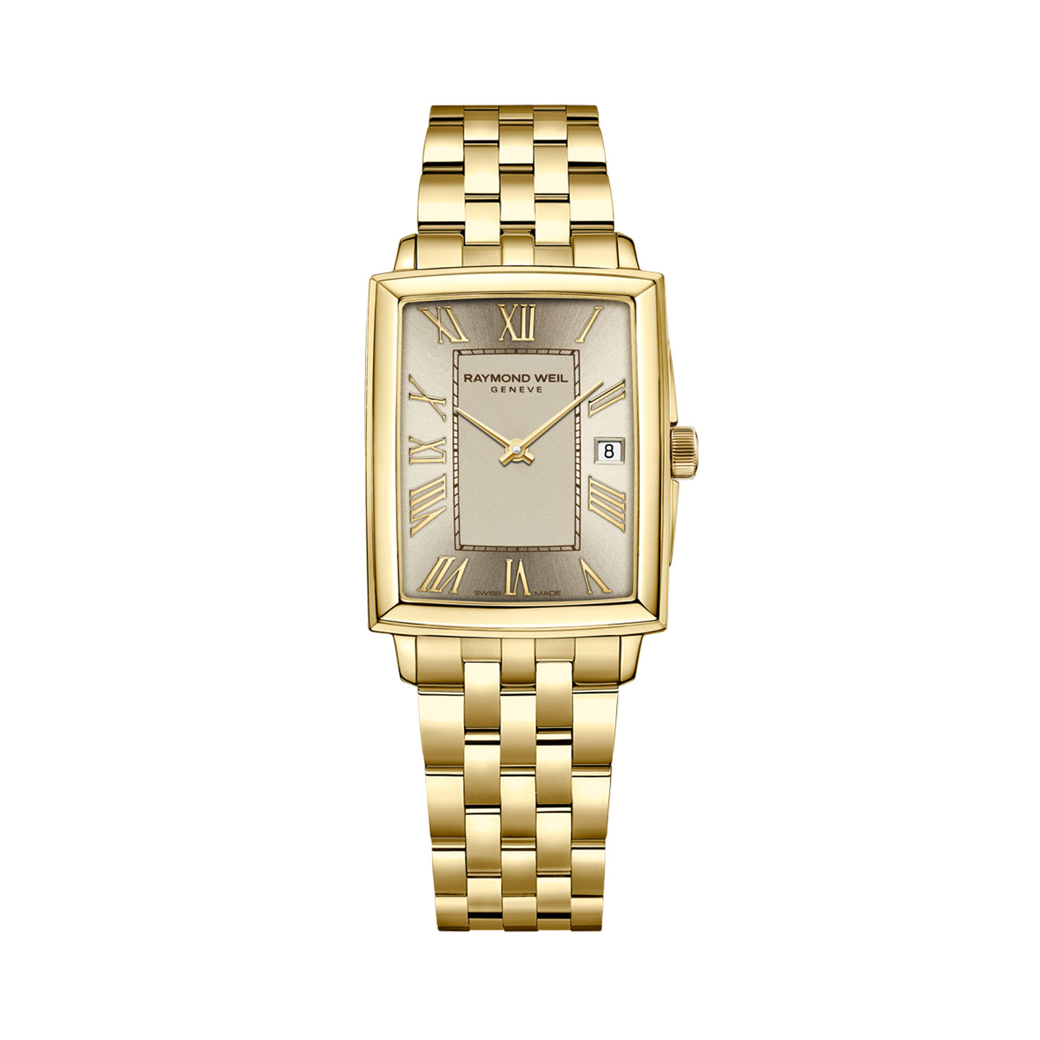 Raymond Weil, Toccata Champagne Dial, Quartz Women's Watch Raymond Weil, Toccata with a 22.6 x 28.1mm rectangular stainless steel gold PVD coated case and bracelet strap featuring a date function and a champagne coloured dial.