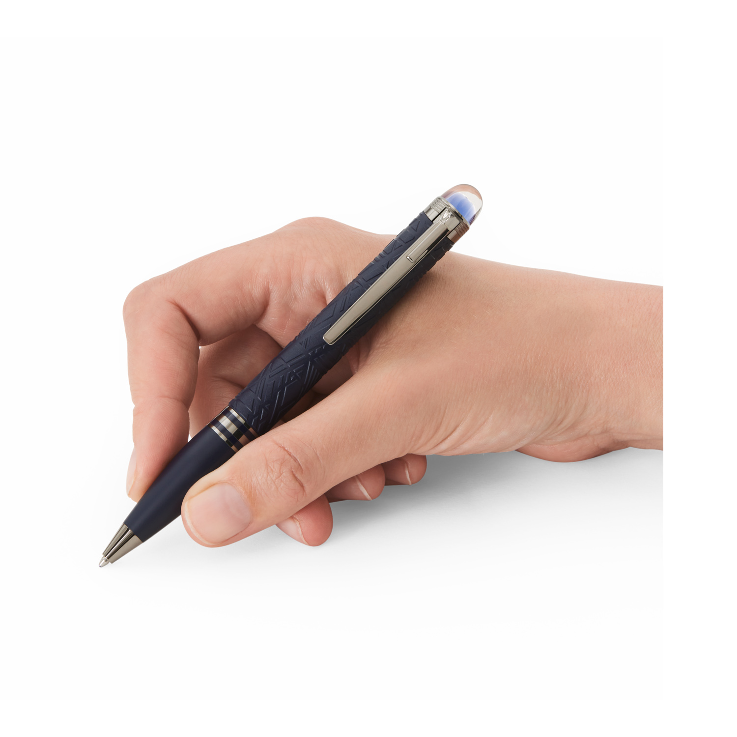 A Montblanc, StarWalker SpaceBlue Resin Ballpoint pen crafted in space blue matte precious resin with all metal parts coated in dark ruthenium, featuring a subdome on the cap top with the Montblanc emblem.