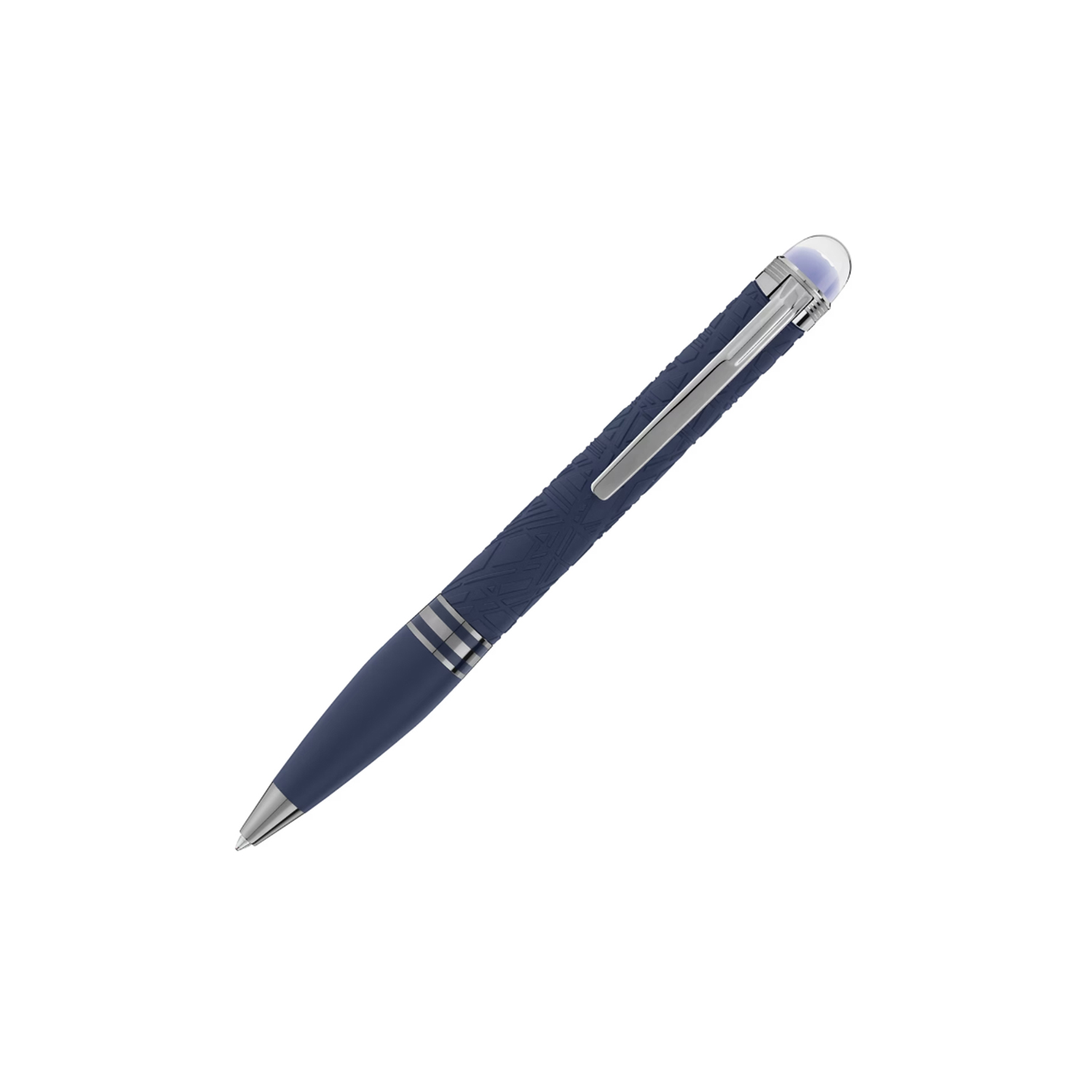 A Montblanc, StarWalker SpaceBlue Resin Ballpoint pen crafted in space blue matte precious resin with all metal parts coated in dark ruthenium, featuring a subdome on the cap top with the Montblanc emblem.