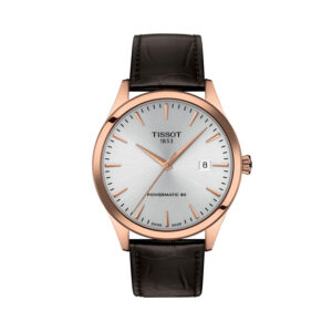 Tissot, Classic Dream with a 40mm stainless steel rose gold PVD coated case and a brown leather strap featuring a date function and a silver dial.