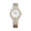 Raymond Weil, Toccata Two Tone with Diamonds, Women's Quartz Watch Raymond Weil, Toccata with a 24mm stainless steel and yellow gold PVD coated case and bracelet strap featuring a diamond set white mother of pearl dial and diamond set bezel.