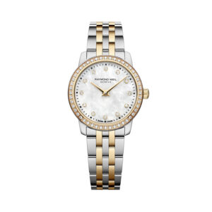Raymond Weil, Toccata with a 24mm stainless steel and yellow gold PVD coated case and bracelet strap featuring a diamond set white mother of pearl dial and diamond set bezel.