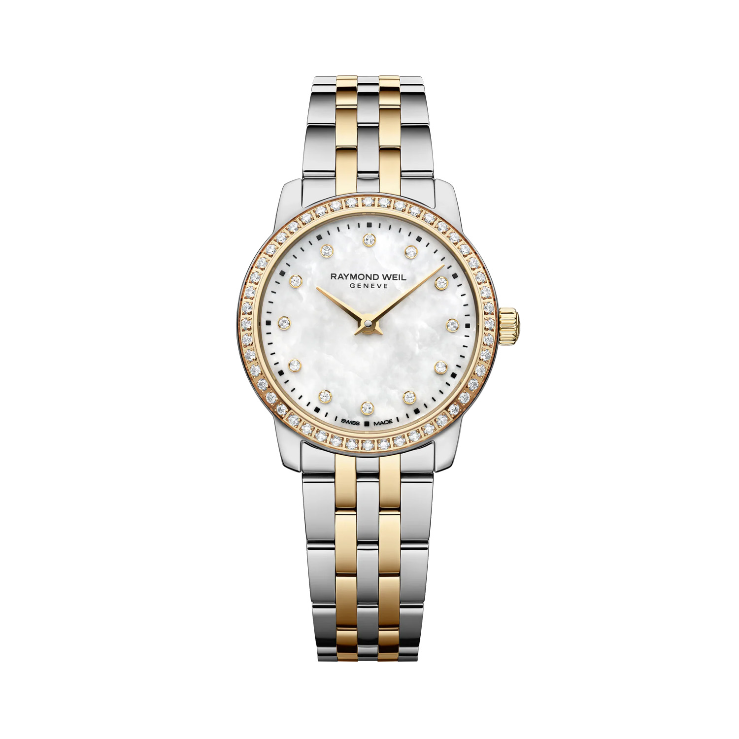 Raymond Weil, Toccata Two Tone with Diamonds, Women's Quartz Watch Raymond Weil, Toccata with a 24mm stainless steel and yellow gold PVD coated case and bracelet strap featuring a diamond set white mother of pearl dial and diamond set bezel.