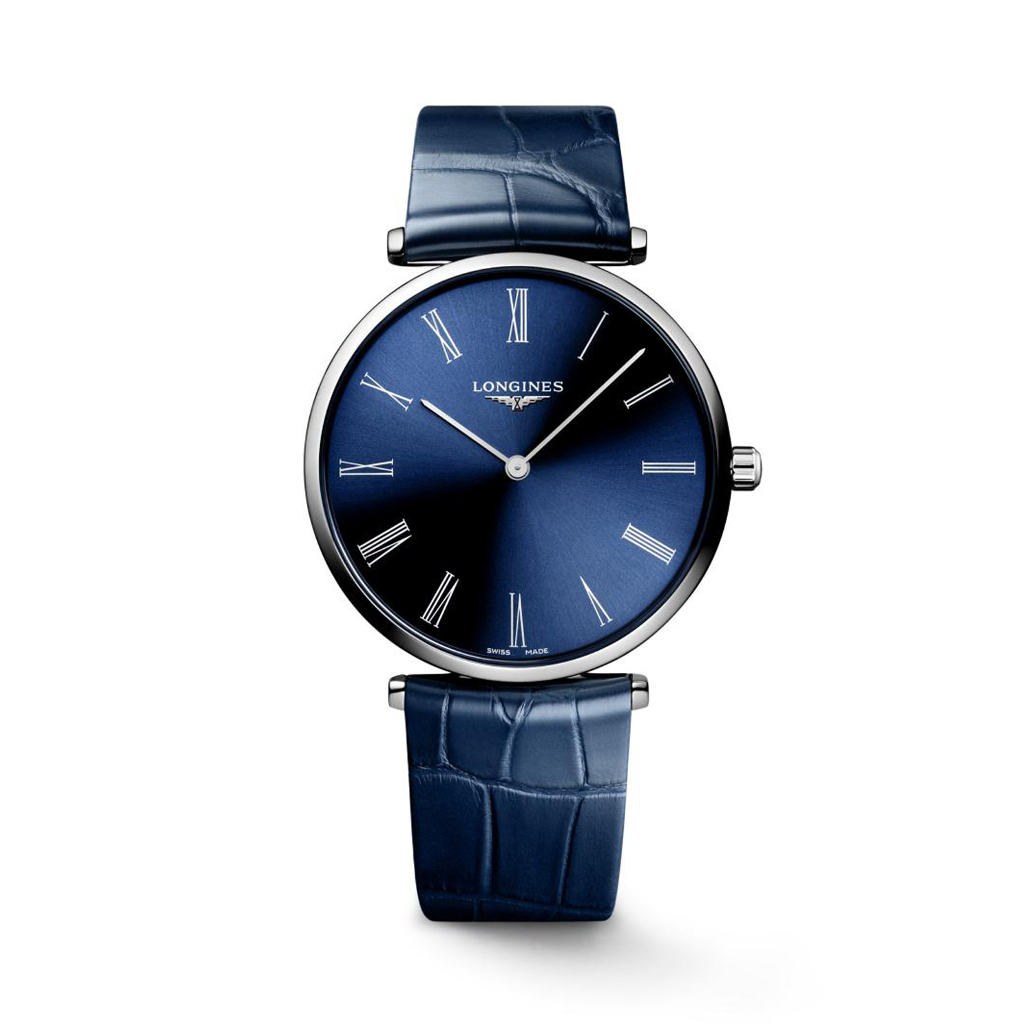 Longines, Le Grande Classique with a 38mm stainless steel case with a blue leather strap featuring a blue dial.